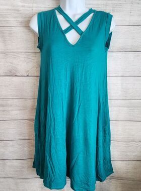 Voll Women’s Small Green Swing Dress Strappy Neck Boho with pockets